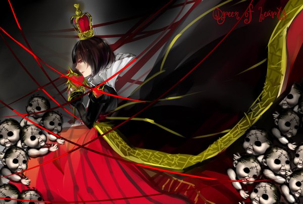 Anime picture 1200x809 with american mcgee's alice (game) alice: madness returns queen of hearts sha (pixiv 652445) single black hair profile inscription scar hollow eyes girl dress choker heart cloak wire (wires) doll (dolls)