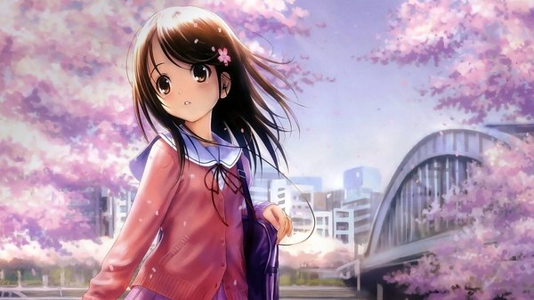 Anime picture 1920x1080 with original goto p single long hair blush fringe highres brown hair wide image brown eyes looking away sky outdoors parted lips pleated skirt hair flower sunlight street spring girl