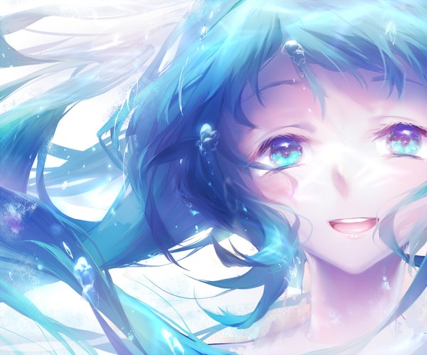 Anime picture 1000x833 with vocaloid hatsune miku yuket single long hair looking at viewer blush fringe blue eyes simple background smile white background payot blue hair lips teeth floating hair happy close-up underwater
