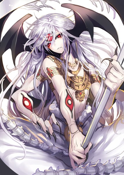 Anime picture 700x986 with magi the labyrinth of magic a-1 pictures ren hakuryuu bun-o (artist) single tall image looking at viewer fringe red eyes holding ahoge white hair head tilt fingernails pale skin long fingernails black wings head wings eyes bone (bones)