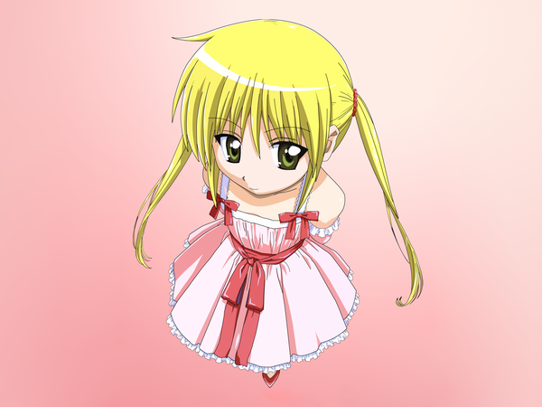 Anime picture 1600x1200 with hayate no gotoku! sanzenin nagi long hair blonde hair simple background twintails bare shoulders green eyes hands behind back pink background girl dress