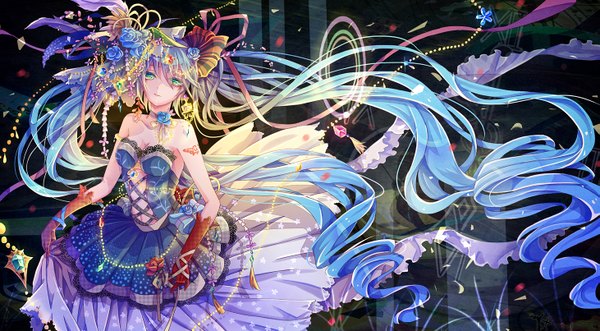 Anime picture 1461x806 with vocaloid hatsune miku yasato single looking at viewer wide image twintails bare shoulders very long hair hair flower aqua eyes aqua hair wavy hair girl dress gloves hair ornament flower (flowers) petals