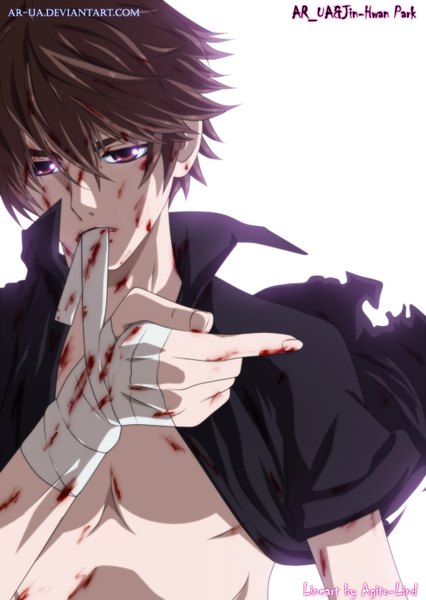 Anime picture 1100x1550 with the breaker shi-woon yi ar-ua single tall image short hair brown hair white background pink eyes open clothes open shirt coloring mouth hold torn clothes muscle boy blood bandage (bandages)