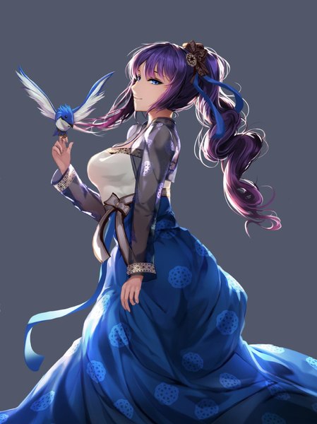 Anime picture 749x1000 with original a-line single long hair tall image blue eyes simple background purple eyes ponytail profile bird on hand girl dress ribbon (ribbons) hair ribbon animal bird (birds)