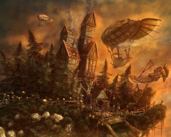 Anime picture 1280x1024 with original sky smoke fantasy plant (plants) tree (trees) forest house castle aircraft bridge airship