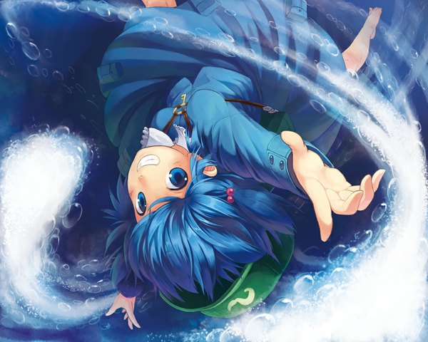 Anime picture 1000x800 with touhou kawashiro nitori kanini single looking at viewer short hair blue eyes blue hair barefoot happy spread arms underwater girl hair ornament hair tie flat cap hair bobbles key