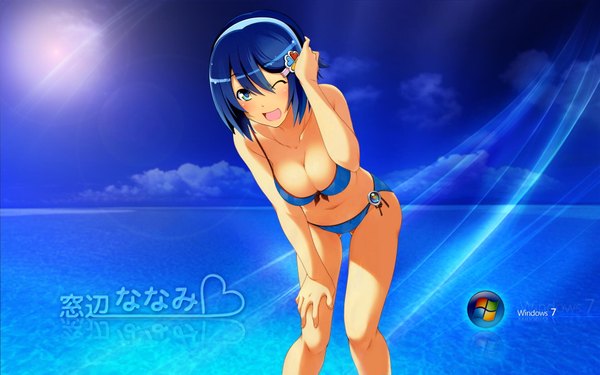 Anime picture 1920x1200 with os-tan microsoft windows 7 madobe nanami single highres short hair open mouth blue eyes light erotic wide image blue hair sky cloud (clouds) one eye closed wink girl swimsuit bikini water