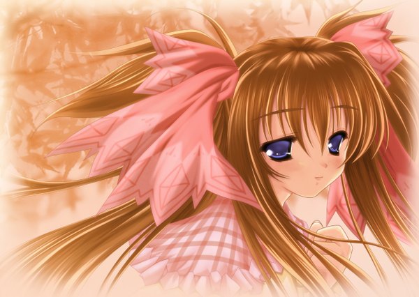 Anime picture 2500x1775 with platinum wind milpha moekibara fumitake single long hair blush fringe highres brown hair purple eyes twintails looking away portrait girl ribbon (ribbons) hair ribbon