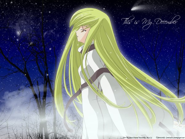 Anime picture 1600x1200 with code geass sunrise (studio) c.c. single long hair fringe looking away long sleeves parted lips profile green hair night wide sleeves wallpaper night sky text english bare tree fog girl