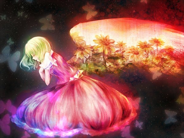 Anime picture 1000x750 with touhou kazami yuuka momose momo single short hair open mouth eyes closed green hair tears girl dress flower (flowers) wings insect butterfly