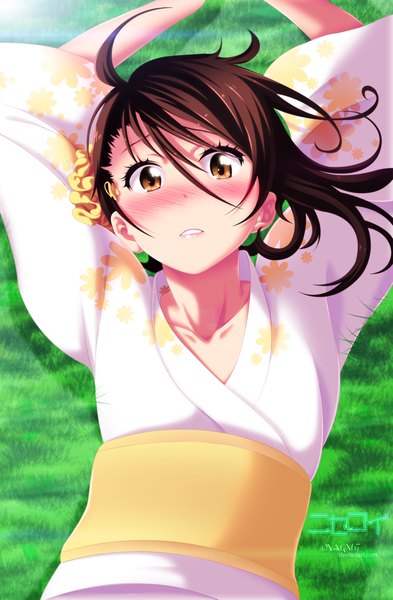 Anime picture 1300x1986 with nisekoi shaft (studio) onodera kosaki eroishi single long hair tall image blush brown hair brown eyes ahoge lying traditional clothes japanese clothes arms up embarrassed coloring girl belt kimono