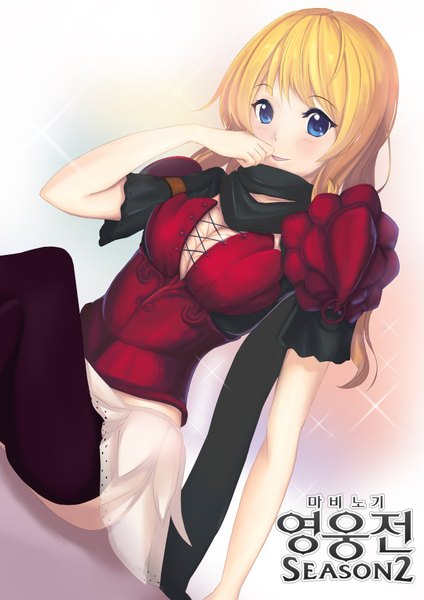 Anime picture 2728x3859 with mabinogi heroes (game) fiona mil-yu (artist) single long hair tall image blush highres blue eyes blonde hair smile girl thighhighs dress black thighhighs scarf