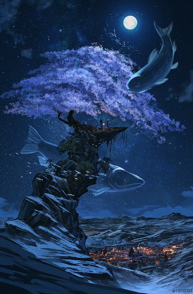 Anime picture 838x1276 with original arizuka (13033303) tall image holding signed cloud (clouds) night night sky cherry blossoms city light snow cityscape city lights silhouette surreal plant (plants) animal tree (trees) moon
