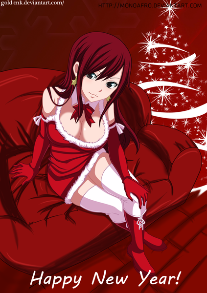 Anime picture 1444x2048 with fairy tail erza scarlet gold-mk single long hair tall image breasts light erotic smile large breasts brown eyes red hair inscription fur trim coloring happy new year girl thighhighs gloves earrings