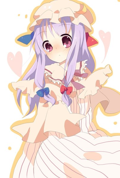 Anime picture 1181x1748 with touhou patchouli knowledge doraemon (artist) single long hair tall image blush red eyes purple hair girl dress hat bonnet
