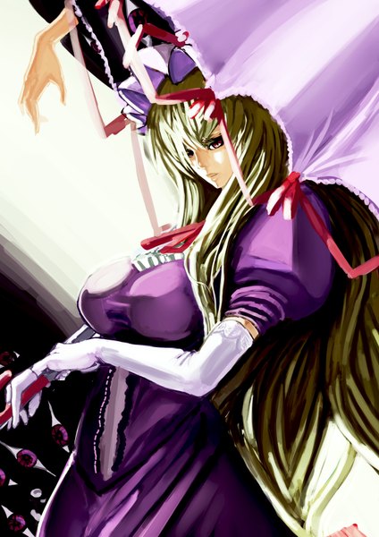 Anime picture 2480x3507 with touhou yakumo yukari poroppo single long hair tall image highres breasts blonde hair red eyes large breasts absurdres lips looking down girl dress gloves elbow gloves umbrella hands