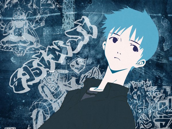 Anime picture 1600x1200 with neon genesis evangelion gainax ikari shinji single blue eyes looking away aqua hair pale skin alternate age younger multicolored boy shirt black shirt