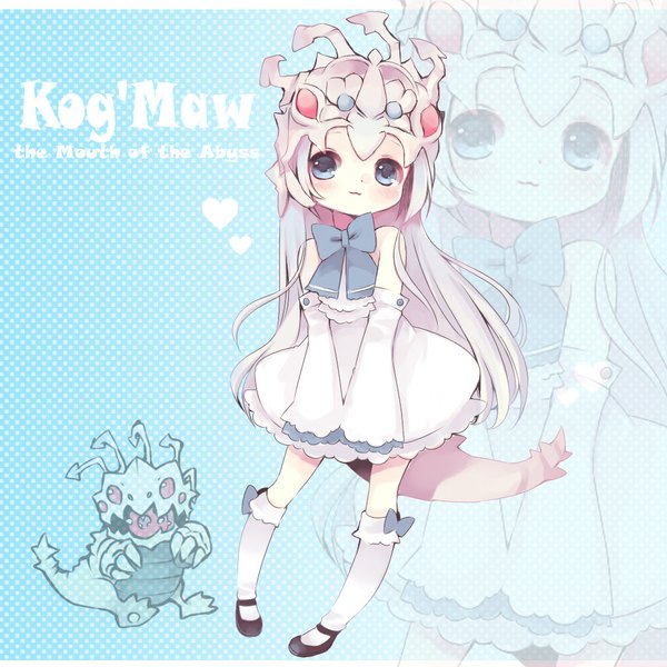 Anime picture 1000x1000 with league of legends kog'maw (league of legends) tunako single long hair blush looking away aqua eyes grey hair loli genderswap girl thighhighs dress white thighhighs shoes white dress
