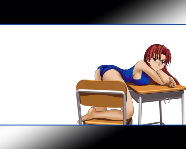 Anime picture 1280x1024 with azumanga daioh j.c. staff mizuhara koyomi long hair light erotic brown hair bent over girl swimsuit glasses table