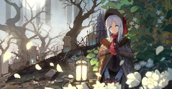 Anime picture 1392x720 with bloodborne from software plain doll baisi shaonian single long hair looking at viewer blue eyes wide image white hair girl dress flower (flowers) plant (plants) petals tree (trees) bonnet cemetery grave
