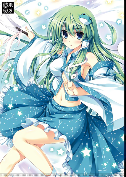 Anime picture 1024x1442 with touhou kochiya sanae tateha (marvelous grace) single long hair tall image looking at viewer blush fringe breasts open mouth blue eyes hair between eyes holding bent knee (knees) traditional clothes japanese clothes green hair wide sleeves :o