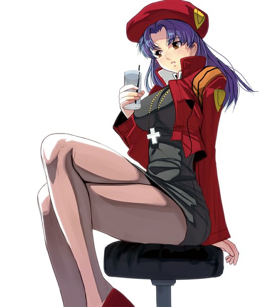 Anime picture 875x1000 with neon genesis evangelion gainax katsuragi misato masao single long hair tall image blush breasts simple background large breasts white background sitting brown eyes looking away purple hair crossed legs girl dress hat