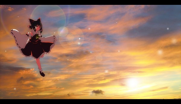 Anime picture 1000x578 with touhou hakurei reimu pasutel single short hair black hair red eyes wide image sky cloud (clouds) girl dress bow hair bow detached sleeves