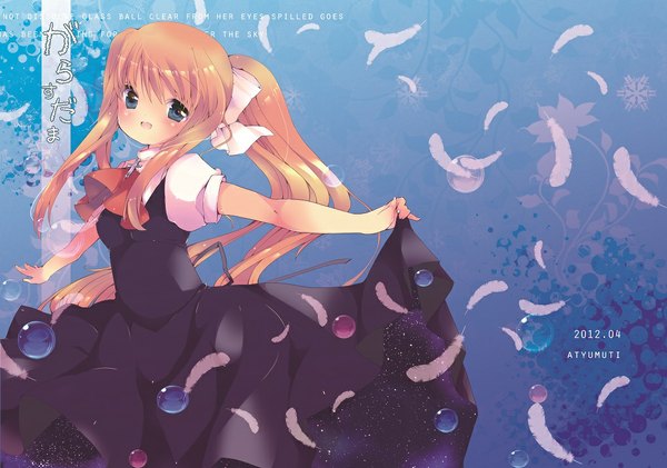 Anime picture 1020x717 with air key (studio) kamio misuzu atyumuti single long hair looking at viewer blush open mouth blue eyes ponytail orange hair inscription spread arms girl dress ribbon (ribbons) hair ribbon feather (feathers) bubble (bubbles)