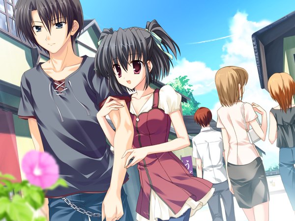 Anime picture 1600x1200 with clear yukino natsuki mitha short hair black hair red eyes game cg sky outdoors two side up puffy sleeves locked arms girl boy flower (flowers) people morning glory