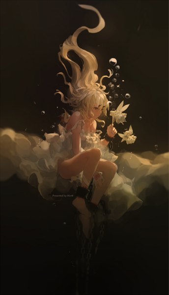 Anime picture 1000x1740 with original mivit long hair tall image fringe simple background blonde hair smile hair between eyes multiple girls signed yellow eyes looking away full body bent knee (knees) white hair barefoot horn (horns) floating hair text