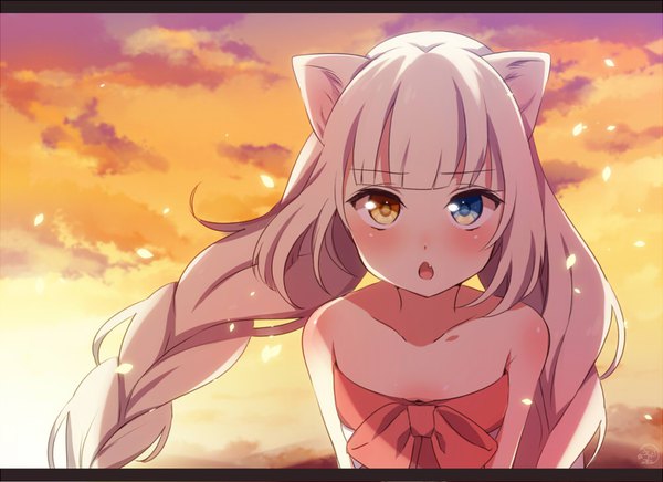 Anime picture 1000x728 with original nemuri nemu single long hair looking at viewer blush fringe open mouth blue eyes bare shoulders animal ears yellow eyes cloud (clouds) upper body white hair blunt bangs braid (braids) wind cat ears :o