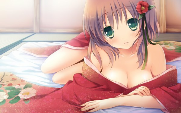 Anime picture 1344x840 with faint tone tachibana otoha fummy single blush light erotic brown hair wide image bare shoulders green eyes japanese clothes reclining girl flower (flowers) ribbon (ribbons) kimono