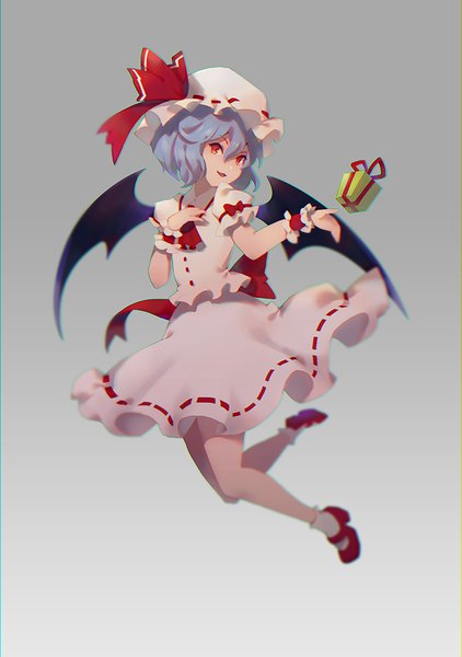 Anime picture 704x1000 with touhou remilia scarlet vienri single tall image fringe simple background hair between eyes red eyes blue hair looking away full body grey background puffy sleeves bat wings girl skirt hat wings bonnet