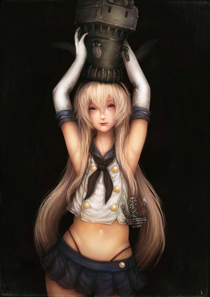 Anime picture 3508x4961 with kantai collection shimakaze destroyer rensouhou-chan kuon (kwonchanji) single long hair tall image looking at viewer highres blonde hair brown eyes absurdres realistic midriff dark background girl skirt gloves navel bow