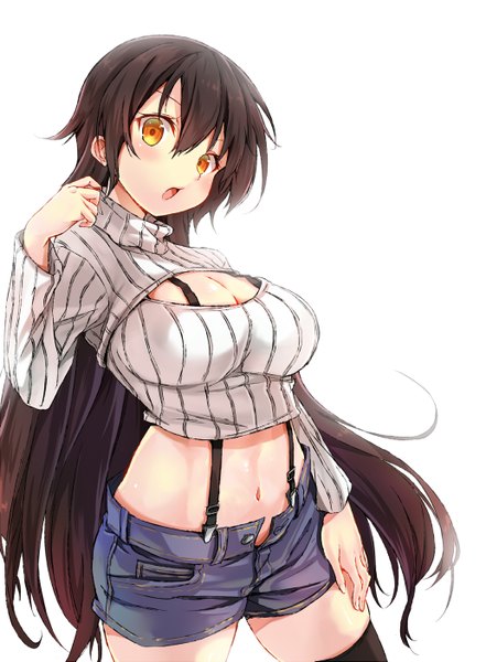 Anime picture 1032x1403 with original kakao rantan single long hair tall image looking at viewer blush fringe breasts open mouth light erotic black hair simple background large breasts standing white background yellow eyes bare belly hand on hip open shorts