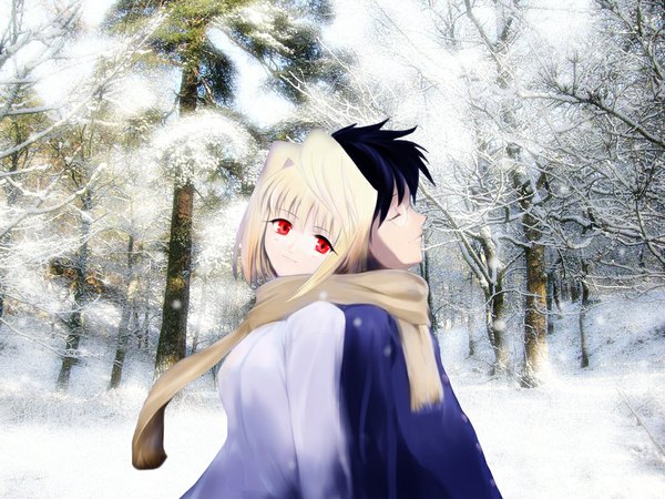 Anime picture 1024x768 with shingetsutan tsukihime type-moon arcueid brunestud tohno shiki shirotsumekusa winter shared scarf scarf