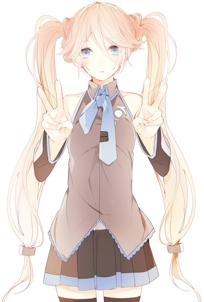 Anime picture 1181x1748 with vocaloid hatsune miku ia (vocaloid) nana (prin dog) single long hair tall image looking at viewer blue eyes simple background blonde hair white background twintails bare shoulders pleated skirt cosplay hatsune miku (cosplay) girl thighhighs skirt