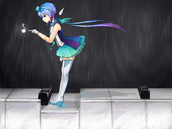 Anime picture 1024x768 with vocaloid aoki lapis single long hair blue eyes twintails bare shoulders looking away light smile rain music girl skirt gloves uniform wings choker scarf musical note