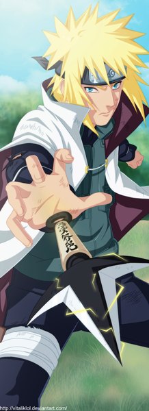 Anime picture 728x2000 with naruto studio pierrot naruto (series) namikaze minato vitaliklol single tall image short hair blue eyes blonde hair sky cloud (clouds) coloring hokage boy weapon plant (plants) tree (trees) cloak vest