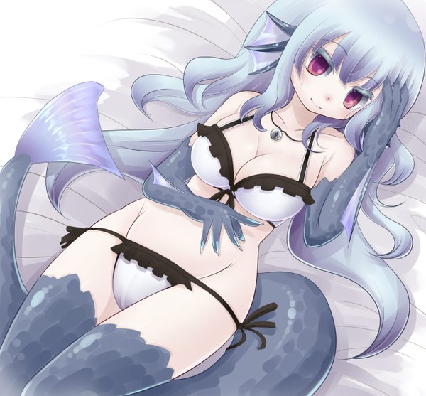 Anime picture 1400x1300 with original ryokuchaism (artist) single long hair breasts light erotic large breasts purple eyes blue hair tail monster girl girl swimsuit bikini choker