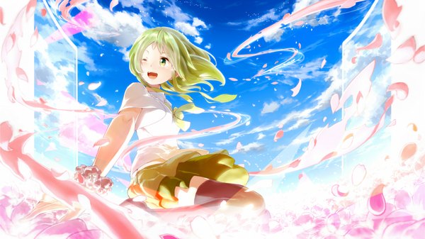 Anime picture 1920x1080 with vocaloid gumi minamito single blush highres short hair open mouth wide image green eyes sky cloud (clouds) one eye closed green hair wink girl thighhighs dress black thighhighs petals