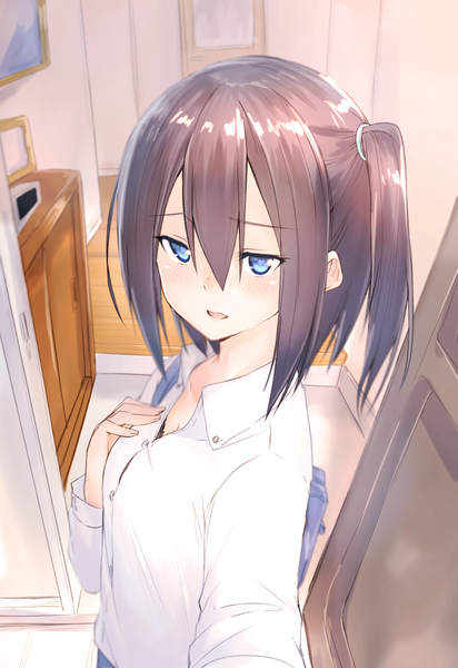 Anime picture 825x1200 with original suzunari shizuku yuki arare single long hair tall image looking at viewer blush fringe open mouth hair between eyes brown hair upper body indoors from above one side up outstretched arm hand on chest symbol-shaped pupils open collar