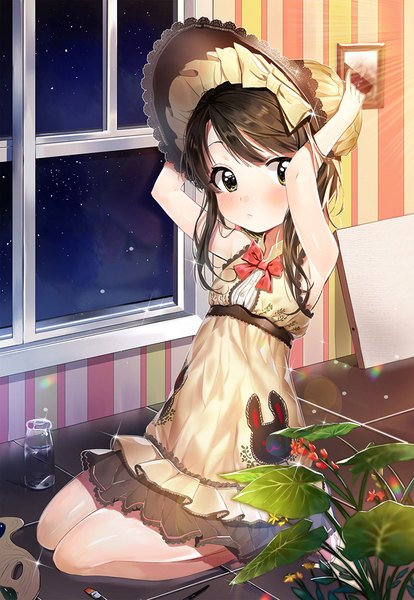 Anime picture 640x926 with sword girls sita vilosa dr poapo single long hair tall image blush fringe brown hair brown eyes payot looking away indoors night sparkle sleeveless kneeling seiza hands on head girl