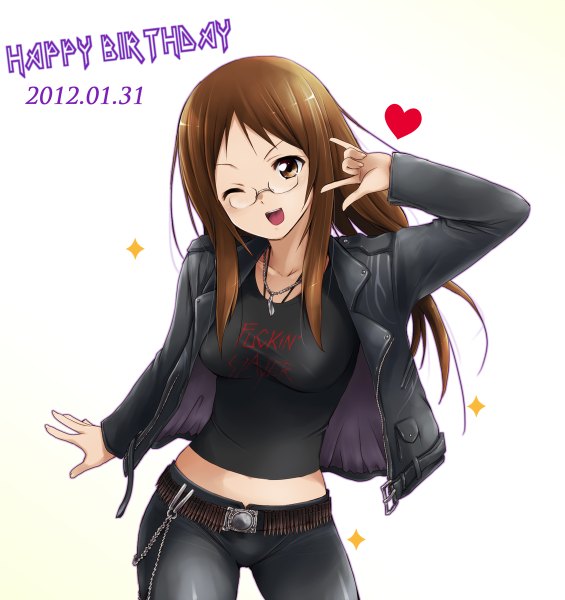 Anime picture 1129x1200 with k-on! kyoto animation yamanaka sawako kaiga single long hair tall image open mouth simple background brown hair white background brown eyes one eye closed wink happy birthday girl glasses jacket belt pendant