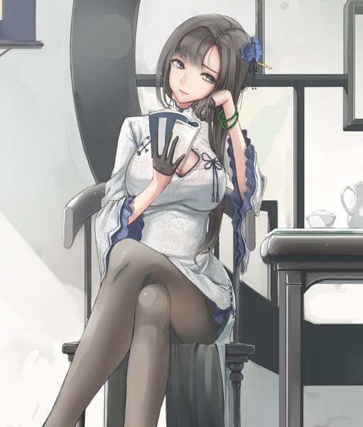 Anime picture 973x1142 with original kikivi single long hair tall image fringe breasts black hair sitting holding looking away cleavage indoors blunt bangs traditional clothes hair flower crossed legs chinese clothes cleavage cutout chin rest