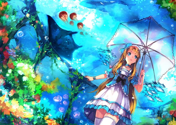 Anime picture 1200x853 with original zhuxiao517 single long hair open mouth blonde hair zettai ryouiki underwater girl thighhighs dress hair ornament bow animal white thighhighs water umbrella necklace bubble (bubbles) fish (fishes)