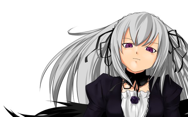 Anime picture 1680x1050 with rozen maiden suigintou single long hair looking at viewer simple background wide image white background purple eyes grey hair girl