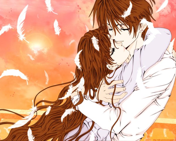 Anime picture 1280x1024 with angel sanctuary mudou setsuna mudo sara long hair short hair brown hair eyes closed wallpaper couple hug girl boy feather (feathers)