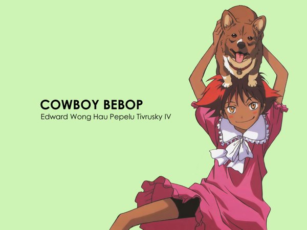 Anime picture 1600x1200 with cowboy bebop sunrise (studio) edward wong hau pepelu tivrusky iv ein (cowboy bebop) highres short hair smile yellow eyes red hair wallpaper dark skin animal on head blush stickers welsh corgi dress bow animal dog bike shorts