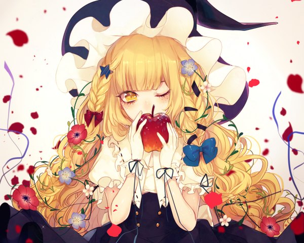 Anime picture 1280x1024 with touhou bad apple!! kirisame marisa renkarua single long hair looking at viewer fringe blonde hair white background yellow eyes upper body blunt bangs braid (braids) one eye closed hair flower sparkle puffy sleeves twin braids wavy hair